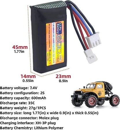 7.4V 600mAh 35C 2S Lipo Battery with Molex Plug and USB Charger Suitable for FMS FCX24 RC Cars, Trucks, Remote Control Electric Climbing Vehicles FCX24 Batteries