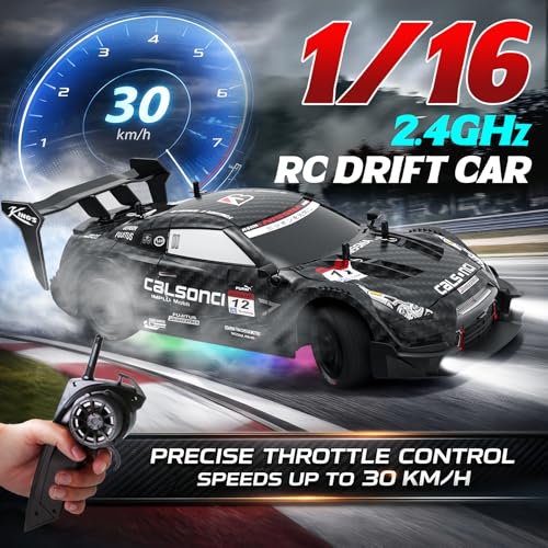 Remote Control Car RC Drift Car 1:16 Scale 4WD RC Vehicle with LED Lights 2.4GHz 30km/h RTR High Speed Racing Sport Toy for Adults Boys Girls Kids Gift 2Pcs Rechargeable Battery - color: Black