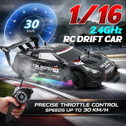 Remote Control Car RC Drift Car 1:16 Scale 4WD RC Vehicle with LED Lights 2.4GHz 30km/h RTR High Speed Racing Sport Toy for Adults Boys Girls Kids Gift 2Pcs Rechargeable Battery - color: Black