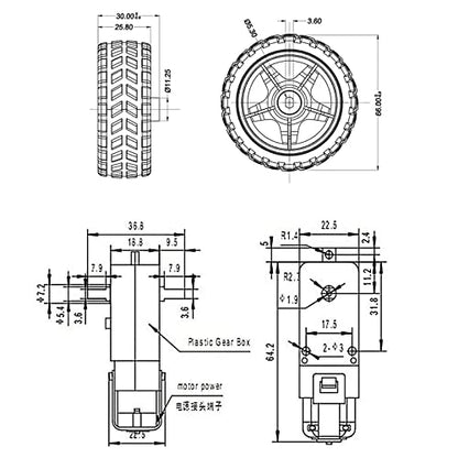 DIANN 2 Sets DC Gearbox Motor TT Motor 200RPM Tire Wheel DC 3-6V 1:48 Male Connector with 1Pc L298N Motor Drive Controller Board - style: Motor Sets