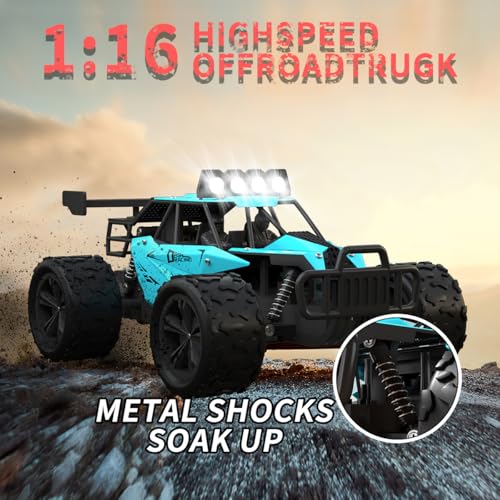 Remote Control Car Monster Truck Toys 1:16 Scale RC Car For Boys 2.4GHz High Speed 20 km/h With LED Headlights,Rechargeable RC Cars Gifts for Boys 4-7 8-12 Christmas, Beginner, Kids 6-12+ (Cyan) - color: Cyan