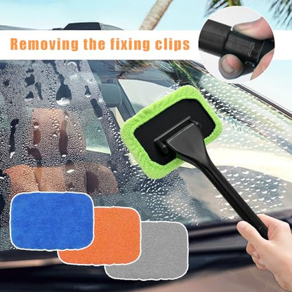 Ohleats Car Windshield Cleaning Tool, Microfiber Window Cleaner with 4 Washable and Reusable Cloth Pad & Long Handle, Auto Glass Wiper Cleaning Kit with Spray Bottle, Car Accessories