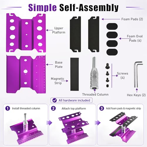 RC Car Repair Stand, Aluminum Workstation, 360° Rotating, Height Adjustable | Secure foam cradle, Magnetic fastener strip, shock service port, ruler grid, smooth turning, fit 1/8 1/10 1/12 Rc car - color: Lift Lower Purple