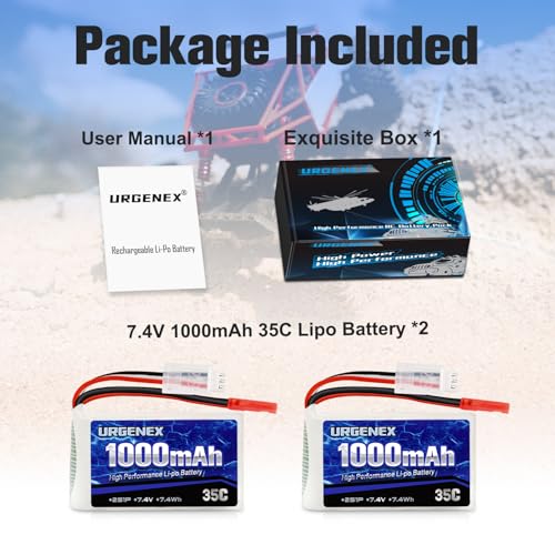 2S Lipo Battery 7.4V 1000mAh 35C(Burst 70C) Rechargeable RC Battery with JST Plug Compatible with WLtoys RC Cars A949 A959 A969 A979 K929 and Most 1/14 1/16 1/18 1/24 Scale RC Car Truck - style: 2PACK