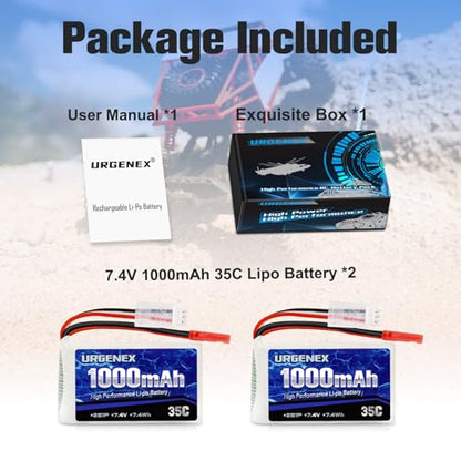 2S Lipo Battery 7.4V 1000mAh 35C(Burst 70C) Rechargeable RC Battery with JST Plug Compatible with WLtoys RC Cars A949 A959 A969 A979 K929 and Most 1/14 1/16 1/18 1/24 Scale RC Car Truck - style: 2PACK