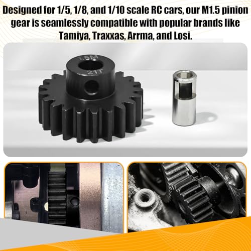 M1.5 21T Pinion Gear 8mm Bore with 8mm to 5mm Shaft Adapter Sleeve, Chromium Steel Motor Gear with Set Screw & Hex Key for Traxxas ARRMA Losi 1/5 1/8 RC Cars - size: 21T
