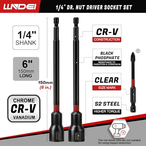 1/4" Drive Socket Set & Nut Driver Set with Ratchet, 44Pcs | 1/4-Inch Sockets Deep&Shallow Metric(4-15mm), 1/4" Hex Shank 6" Long Nut Drivers(6-14mm) for Impact Drill Bits(PH1 PH2) - size: 44PCS Metric