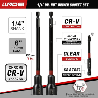1/4" Drive Socket Set & Nut Driver Set with Ratchet, 44Pcs | 1/4-Inch Sockets Deep&Shallow Metric(4-15mm), 1/4" Hex Shank 6" Long Nut Drivers(6-14mm) for Impact Drill Bits(PH1 PH2) - size: 44PCS Metric