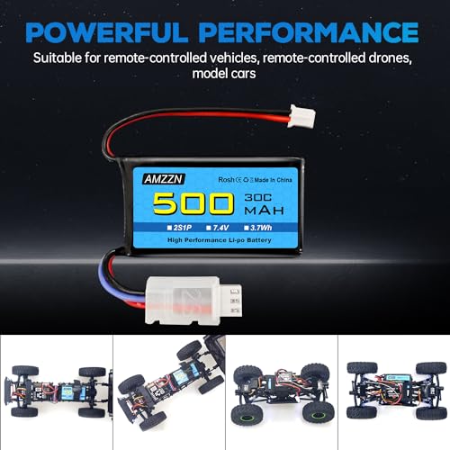 7.4V 500mAh 30C PH2.0 Plug Lipo Battery with USB for AX24 SCX24 RC Car, Compatible with Most 1/10, 1/16, 1/18, 1/24 Proportional Remote Control Trucks, RC Drones (1PCS Battery+1USB)