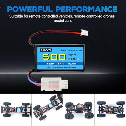 7.4V 500mAh 30C PH2.0 Plug Lipo Battery with USB for AX24 SCX24 RC Car, Compatible with Most 1/10, 1/16, 1/18, 1/24 Proportional Remote Control Trucks, RC Drones (1PCS Battery+1USB)