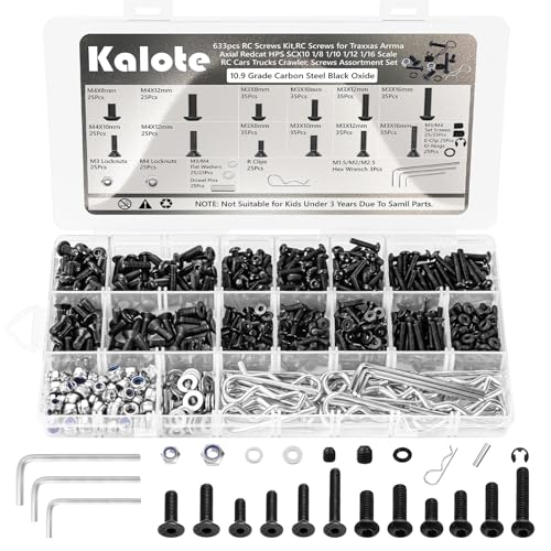 633PCS RC Screw Kit, 10.9 Carbon Steel Hex Bolts for Traxxas Axial | High Tensile, M3/M4, For Redcat Arrma RC4WD HSP HPI SCX10 Losi 1/8 1/10 1/12 1/16 1/20 Scale RC Crawler Cars Trucks - color: 633PCS Black