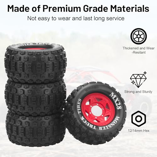 MX28 F/R 2.8" RC Car Tires with 12mm/14mm Hex Adapter RC Wheels and Tires Set 1/10 RC Truck Wheel for Arrma Big Rock Granite Traxxas Rustler Stampede VORTEKS 3S 4PCS (Style B) - Red - color: Red