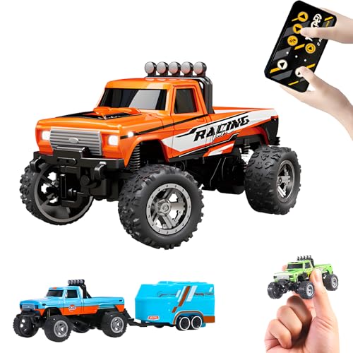 Atlodas Mini Rc Truck, Mini RC Monster Truck, 1:64 Scale Monster Truck Remote Control Car with Lights, 2.4Ghz Remote Control, Speed/Steering Adjustable(Orange) - color: Orange
