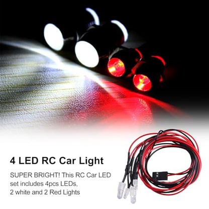 4Leds LED Lights Headlights Taillight Kit Accessories Compatible with Traxxas Arrma Axial SCX10 Redcat RC4WD HSP Tamiya RC Car Truck Tank Crawler (2 Red & 2 White)