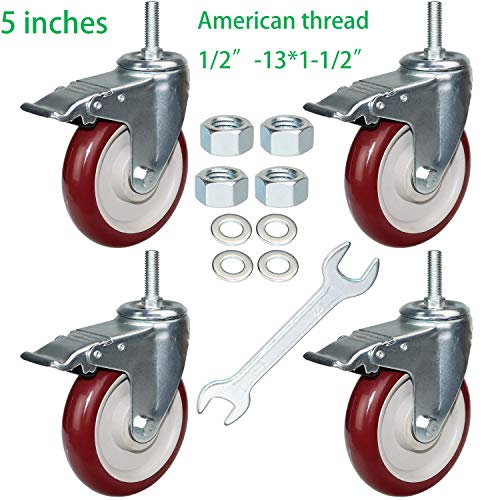 5 Inch Swivel Stem Casters Heavy Duty American Size UNC 1/2"-13x1-1/2 Stem Thread Wheels 360 Degree Durable Wheels Dual Safety Locks Castors with 900 Lbs Capacity Pack of Four - color: Red, size: 5 Inch
