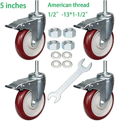 5 Inch Swivel Stem Casters Heavy Duty American Size UNC 1/2"-13x1-1/2 Stem Thread Wheels 360 Degree Durable Wheels Dual Safety Locks Castors with 900 Lbs Capacity Pack of Four - color: Red, size: 5 Inch