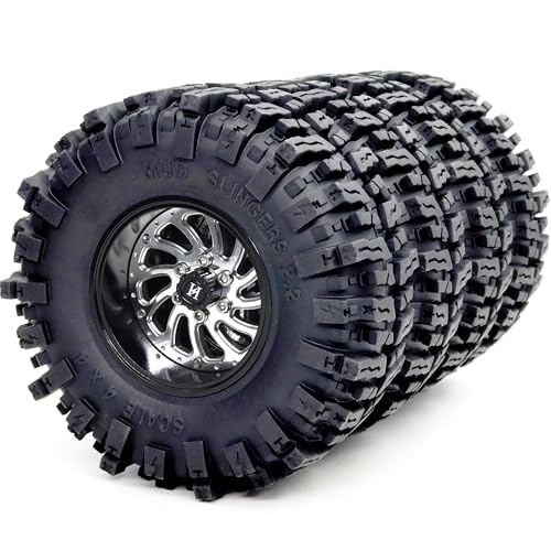 2.2 Beadlock Wheels and Tires Set, 124mm Tall 2.2 Mud Slingers Tires & Adjustable Offset 2.2 Wheels Rims for 1/10 RC Crawler Everest 10 SCX10 Capra Wraith Upgrades,HS701583 - color: Black & Silver