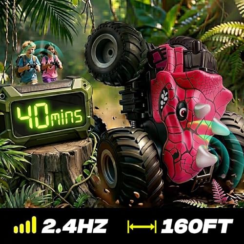 BEZGAR 1:18 Scale Monster Truck Toys, 4WD RC Cars with Music, Mist Spray & LED Light, 360° Stunt Spins RC Truck Dinosaur Toys, Remote Control Car for Boys 4-7(Pink) - color: Pink
