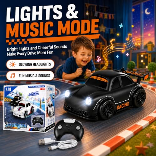 BYTEWAR 3-in-1 Remote Control car for Toddlers, Drift Follow Escape Modes | One-Key Auto Showcase Simulated Sounds and Headlights, Kids Toys for Age 3+ - color: Black Car