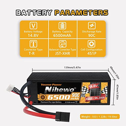Niehwo 4S Lipo Battery 14.8V 6500mAh 90C Hard Case EC5 2Pcs for RC Car Boat | 2Packs 4S Battery 14.8V 6500mAh Hard Case Tx Plug for 1/5 1/6 1/7 1/8 RC Car Truck Vehicle High Discharge Rate Long Run Time - style: 14.8V 6500mAh