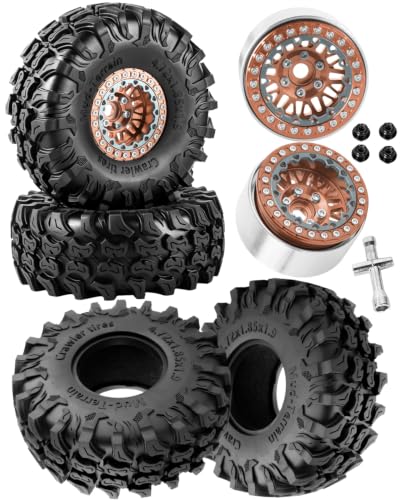 1.9 Inch Beadlock Aluminum Wheels and Tires, 4PCS RC Crawler Wheel Tire Set Compatible with 1/10 Scale SCX10 90046 AX103007 SCX10 II III TRX4 TRX6 Gen7 Gen8 D90 VS4-10 MST CFX,Brown - color: Brown(4pcs)