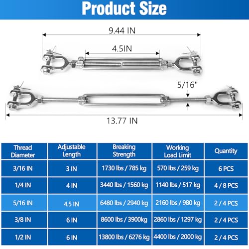 2 PCS M8 Turnbuckle 5/16" 304 Stainless Steel Jaw and Jaw Turnbuckle Tensioner, Heavy Duty Cable Tensioner, 2160 LBS Working Load Limit, Adjustable Turnbuckles for Cables Wire, Clothesline, Shade Sail - size: 5/16"-2 Pack