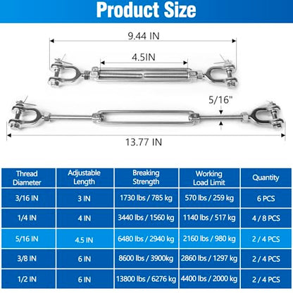 2 PCS M8 Turnbuckle 5/16" 304 Stainless Steel Jaw and Jaw Turnbuckle Tensioner, Heavy Duty Cable Tensioner, 2160 LBS Working Load Limit, Adjustable Turnbuckles for Cables Wire, Clothesline, Shade Sail - size: 5/16"-2 Pack