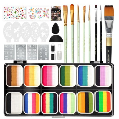 Pintada 120g Large Capacity Face Painting Kit for Kids - 12 x 10g Non Toxic Water Activated Face Paint Palette with Brush, Stencil, Gem, Sponge. For Halloween , Carnival, Party, Festivals & Events. - color: 12 Color Face Paint - 23 Piece Set