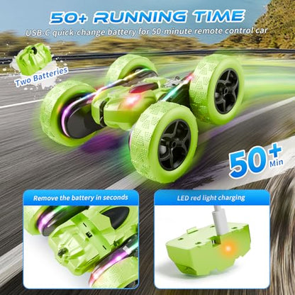 Remote Control Stunt Car – 4WD 360° Flip Double‑Sided RC Car LED Light Bar & Modular USB‑C Battery, 2.4 GHz Off‑Road Toy, Birthday for Boys Girls Ages 6‑12, Green - color: Green