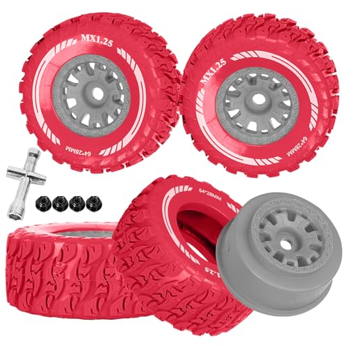 RC MX1.25 RC Truck Wheel Tires for Traxx as/Mojave GROM 223S 4x4 RTR,14301 14302 14303,Tamiya Kyosho HPI 1/14-1/18 Scale On/Off Road,RC Monster Truck Car Wheels,Grey-Red - color: Grey-red(rc Wheels Tires)