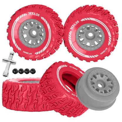 RC MX1.25 RC Truck Wheel Tires for Traxx as/Mojave GROM 223S 4x4 RTR,14301 14302 14303,Tamiya Kyosho HPI 1/14-1/18 Scale On/Off Road,RC Monster Truck Car Wheels,Grey-Red - color: Grey-red(rc Wheels Tires)
