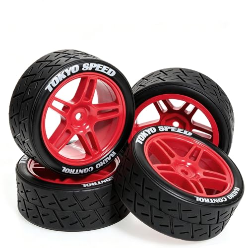 1/10 RC Rally Street Tires OD 65mm with 12mm Hex Hard Plastic Wheels for 1:10 1/12 On Road Drift Touring Car Tamiya TT01 TT02 Traxxas XV02 XV01 TA06 HPI KYOSHO PTG2 A959 4PCS (Red) - color: Red