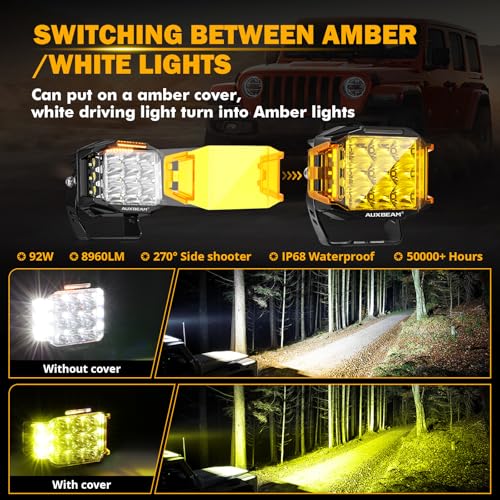 Auxbeam V-MAX Series 5" 168W LED Cube Pod 270° Side Shooter Fog Light Pods | Spot Flood Combo, Pod Light with DRL, 168W 16440LM Light Output, 3 Lighting Modes, Amber Covers, Auxiliary Ditch Lights - color: 5in Cube LED Pod