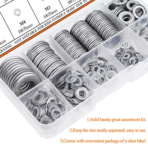 HELIFOUNER 600 Pieces 9 Sizes 304 Stainless Steel Flat Washers Assortment Kit (M2 M2.5 M3 M4 M5 M6 M8 M10 M12) - size: M2-M12 Assortment