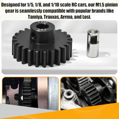 M1.5 24T Pinion Gear 8mm Bore with 8mm to 5mm Shaft Adapter Sleeve, Chromium Steel Motor Gear with Set Screw & Hex Key for Traxxas ARRMA Losi 1/5 1/8 RC Cars - size: 24T