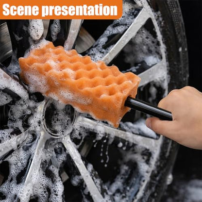 Craedli Soft Foam Wheel Brush, Car Detailing Rim Cleaner Tool (Orange) | Non-Scratch Wavy Sponge Head, Long-Reach Wheel Scrubber Brush, Ergonomic Grip Handle, Versatile Deep Cleaning Application - color: Orange