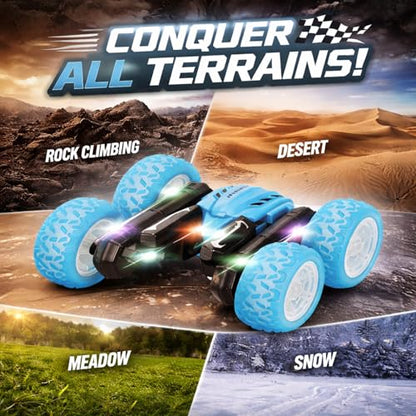 Remote Control Car for Kids, 360° Rotating Stunt Car, Double-Sided Driving, 2.4GHz RC Car, Rechargeable All-Terrain Toy, LED Glowing Wheels with Projection, for Boys & Girls Ages 4-8 - color: Blue