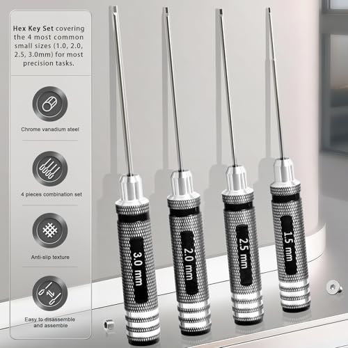 Hex Driver Set 1.5/2.0/2.5/3.0mm, RC Screwdriver Kit | Alloy Steel Bits & Magnetic Tips, Quick-Change Allen Wrench, RC Car Tool for RC Cars, Drones, Robots and Mini Crawlers - color: Black-2