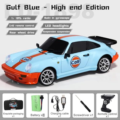 LDRC 1898 1:18 RC Drift Car 911 2.4GHz RWD with Gyroscope on-Road Alloy Body Shell Racing Cars Radio Control (Blue)