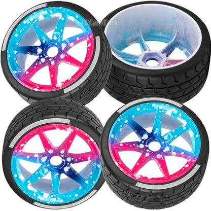 RC Highway Tires Wheel for 1/8 Typhon 6s BLX,1/7 Infraction 6S BLX/Limitless,RC Wheel Rim & Rubber Highway Tires RC Drift Wheels and Tires,Blue Pink - color: Blue Pink - (4pcs Highway Tires)