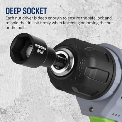 WORKPRO 6 PCS Magnetic Nut Driver Set, 1/4" Hex Shank, CR-V Steel, SAE | Drill Socket Set, Impact Driver Bit Set, 1/4" to 9/16" - size: 6PCS Magnetic Nut Driver Set