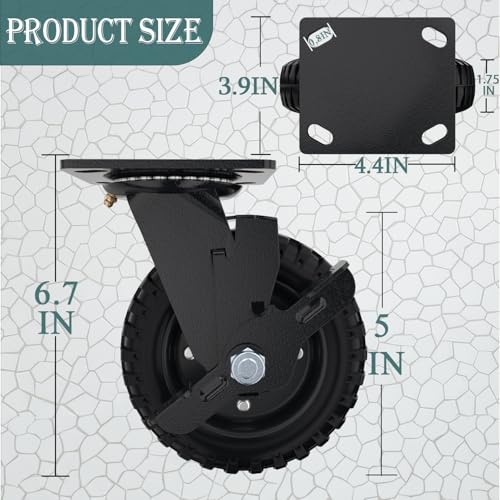 5 Inch Heavy Duty Caster Wheels Set of 4（2Swivel Brake & 2 Fixed 1500lbs Capacity, Large Solid Rubber Caster for Outdoor, Flat Carts, Dolly, Workbench,Trolley,Wagon and Chicken Coop - style: Swivel Brake+Fixed,4pk