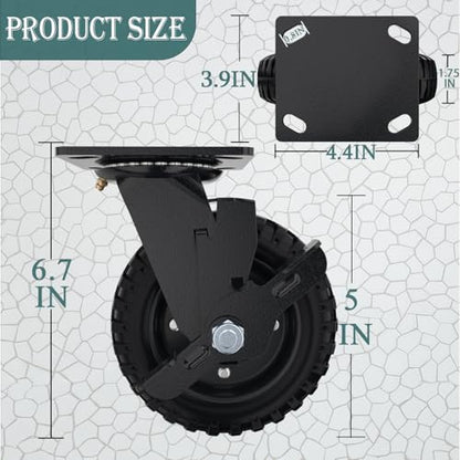 5 Inch Heavy Duty Caster Wheels Set of 4（2Swivel Brake & 2 Fixed 1500lbs Capacity, Large Solid Rubber Caster for Outdoor, Flat Carts, Dolly, Workbench,Trolley,Wagon and Chicken Coop - style: Swivel Brake+Fixed,4pk