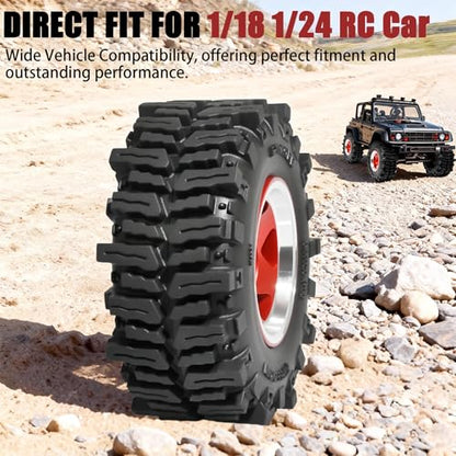 1.3" RC Beadlock Wheel Tires Set 64x26mm for SCX24 TRX4M, Red (4PCS) | Upgraded 1.45-inch Wheel for 1/24 SCX24 AX24 FCX24 1/18 TRX4M FMS RC Crawler Car Upgrade - color: Red