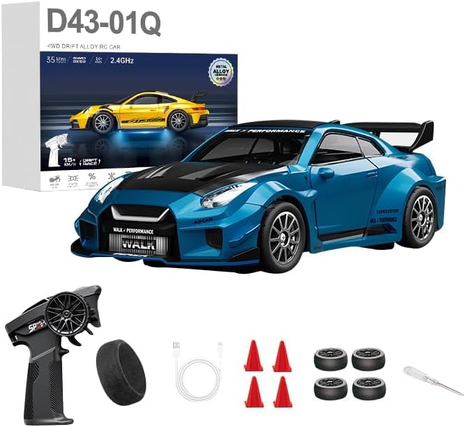 1:43 RC Drift Car 20KM/H with Gyro, 2.4G 4WD Full Proportional Alloy Sport Racing Car, Adjustable Speed, LED Lighting for Teens & Adults-D43-02 - color: Q7/Metallic Blue