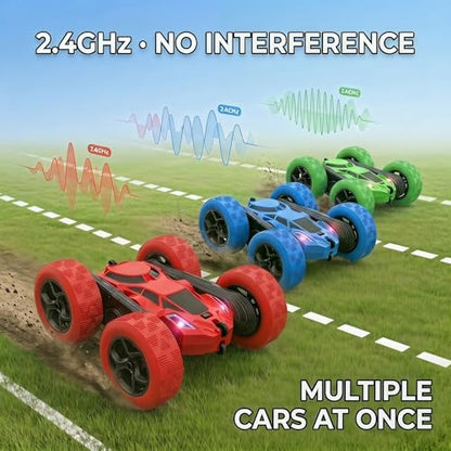 RC Car 2.4GHz 360° Spin Off-Road Stunt Vehicle with 2 Rechargeable Batteries + USB Charging Cable, Full Terrain Remote Control Truck for Kids