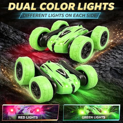 Titorot RC Stunt Car –Green | 360° stunt flips, double-sided driving, LED lights, rechargeable battery, 2.4GHz anti-interference, all-terrain wheels, 4-8 - color: Green+extra 4 Yellow Wheels