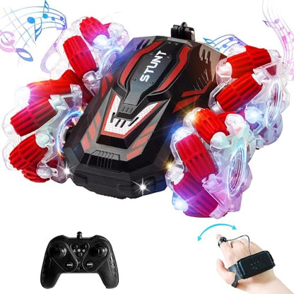 Gesture Sensing RC Stunt Car,360°Flip Double-Sided RC car Toys | 4WD stunt car supports 360° rotating & double-sided driving. Cool lighting and music, RC car toys gift for boys aged 6-12 - color: Light Red