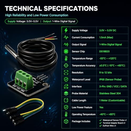 DS18B20 Waterproof Temperature Sensor Probe Moudle Kit Stainless Steel Probe for Raspberry Pi, 5 pcs, 1 Meter