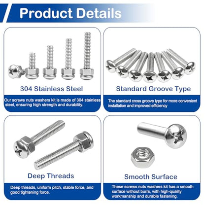 1/4-20 x 1/2" to 1-1/2" Pan Head Machine Screws Kit for Furniture Assembly | 80Pcs with Nuts, 304 Stainless Steel UNC Fully Threaded Phillips Drive, for Automotive Parts, Panel Mounting, Electronics DIY - size: 1/4-20